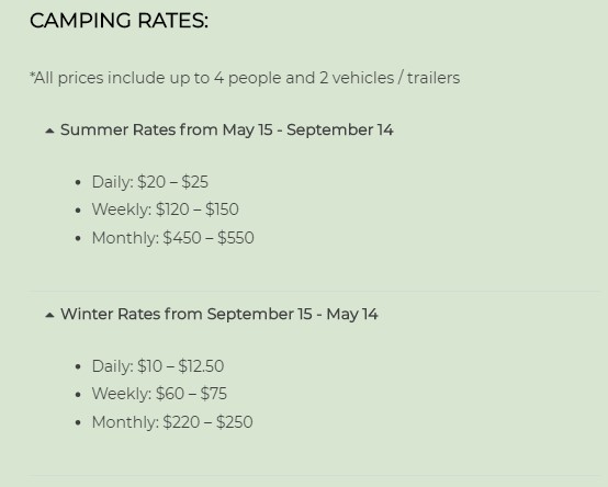 Fair Harbour Marina Campground RV Price List