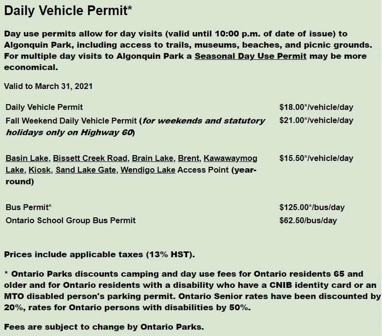 Algonquin Park Campground RV Price List